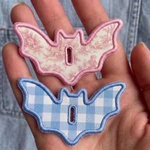Cute Bat Button Cover, Pastel Goth Fabric Button Hole Patch, Embroidered Floral Gingham Bat Accent, Spooky Coquette Halloween Clothes Pin