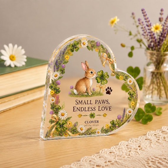 Personalized acrylic heart memorial for a pet rabbit — niche, emotionally specific, and far more thoughtful than a generic pet loss gift.