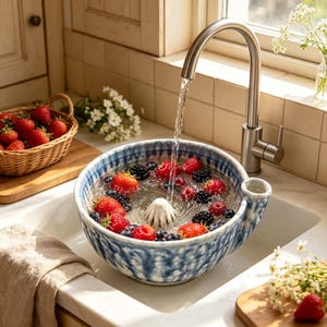 May include: A blue and white ceramic berry colander bowl filled with water, fresh strawberries, and blackberries, positioned under a stainless steel kitchen faucet. The bowl features a central drainage cone and a side handle, with a wicker basket of strawberries nearby.