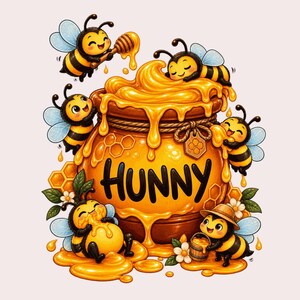 May include: A brown ceramic honey pot with the word HUNNY written in black letters on the front. The pot is overflowing with golden honey and surrounded by six cartoon bees, some holding honey dippers or small buckets, with white flowers.