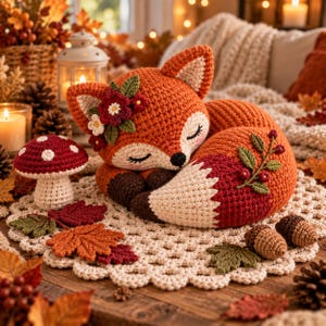 May include: A crocheted fox plush with closed eyes, adorned with a floral headpiece, resting on a white crocheted doily. The fox features a white-tipped tail with a green leaf and berry sprig, accompanied by a small crocheted mushroom and acorns.