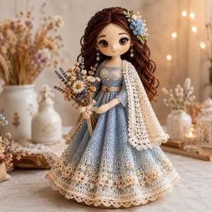 May include: A handcrafted crochet doll with long wavy brown hair, wearing a light blue floor-length dress with a cream-colored lace shawl. The doll holds a small bouquet of dried wildflowers and features a blue floral hair accessory and small earrings.