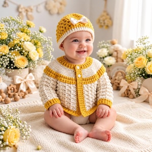 May include: A crochet baby set consisting of a mustard yellow and cream-colored long-sleeve cardigan with two white buttons and a matching mustard yellow crochet beanie hat featuring a small cream-colored satin bow on the front.