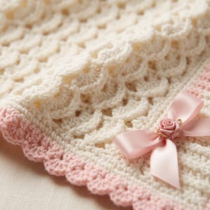 May include: A cream-coloured crocheted blanket featuring a textured shell stitch pattern. The edge is finished with a scalloped light pink border. A small, light pink satin ribbon bow with a tiny fabric rose is attached to the corner.
