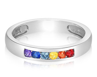 GLOVE FRIENDLY Rainbow Wedding Band Silver, Demisexual, Abrosexual, Pansexual, Bisexual, Biromantic, Tomboy, Pride Jewelry