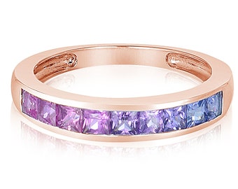 Ombre Lilac Pink Purple Sapphire Band Lesbian 14K Gold Ring 2.5mm Princess 1 carat Spectrum Transgender Demigirl Pride Flag Jewelry