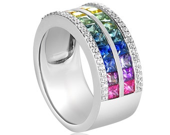 Rainbow Pride Ring, Gay Mens Bisexual Lesbian Queer Trans Matching Couples Promise Ring Silver Rhodium