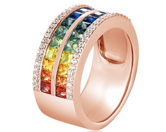 Double Rainbow Channel Set Gemstone Diamond Band Ring, Agender Transgender Lesbian Gay Matching Couples Wedding Anniversary Ring