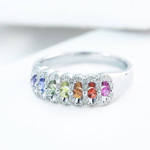 On Sale Valentines Day Lesbian couple Engagement Ring, Pastel Rainbow Sapphire Lesbian wedding ring, Unisex Same sex wedding 14K White Gold
