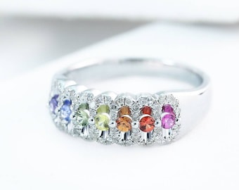 Valentine’s Day Lesbian Engagement Ring, Pastel Rainbow Sapphire, Unisex Same-Sex Wedding 14K White Gold – SKU: R1921