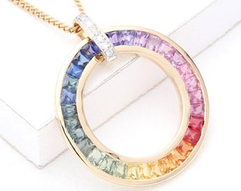 LGBT Pride Rainbow Sapphire Pendant 14K Gold, Natural Ethical Gemstone Jewelry New York Large Pendant SKU: P1070