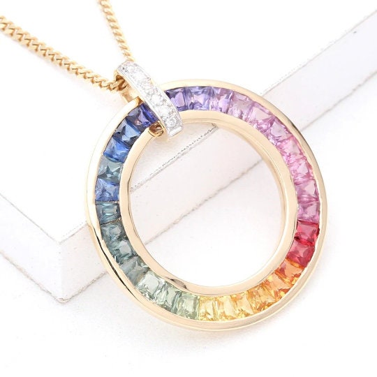 LGBT Pride Rainbow Sapphire Pendant 14K Gold, Natural Ethical Gemstone Jewelry New York Large Pendant SKU: P1070