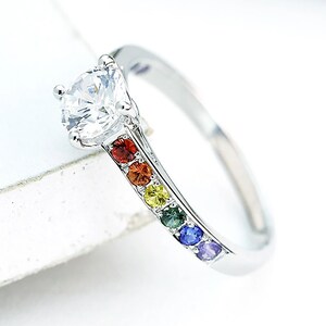 Las Vegas Wedding Cubic Zirconia or Moissanite Nonconforming Engagement Ring in 925 Sterling Silver, Rainbow Sapphire Gay Wedding rings image 5