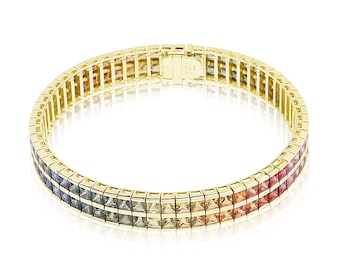 Pansexual Gold Bracelet Rainbow Non Binary Stack Bracelet 14K Gold 3.4mm Sapphire 30 Carat Transgender Queer Jewelry BRC1863-PR