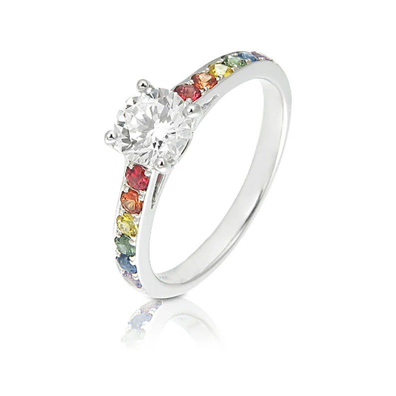 Las Vegas Wedding Cubic Zirconia or Moissanite Nonconforming Engagement Ring in 925 Sterling Silver, Rainbow Sapphire Gay Wedding rings image 1