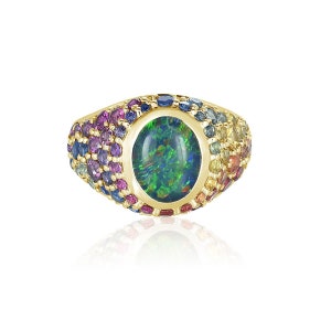 MALIBU LGBT Engagement Ring 14K Gold Rainbow Dome Ring Unicorn Asexual Pride Sapphire Ring R3044RS