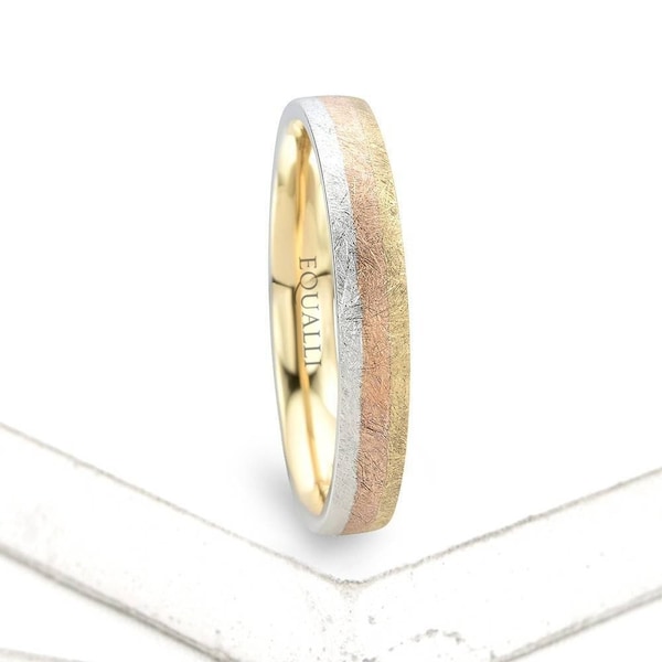 Alternativer Verlobungsring, minimalistischer dreifarbiger Multi-Band-Ring, 14K strukturiertes Gold, perfekter Ring für Paare