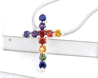 LGBT Rainbow Sapphire Simple Cross pendant Gay necklace in Sterling Silver, Unique Lesbian necklace Gift idea P2463-925