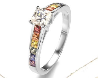 Moissanite Rainbow Sapphire Unisex Engagement Ring in Silver, Las Vegas Wedding Multicolor Ring, Contemporary Silver Ring