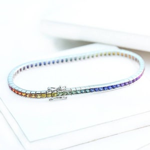 Natural Sapphire Bracelet in Solid Silver, 2.8mm 12 Carats, Rainbow Bracelet Tribute for Valentine&#39;s, LGBT Bracelet BRC228-925