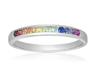 HAMPTON Gay Silver Unicorn Ring, Rainbow Sapphire Asexual Pride Jewelry, 925 Sterling Silver LGBT Statement Band R890-925
