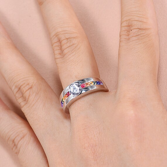Glove Friendly Rainbow Sapphire Band Silver Pride Ring, Demisexual