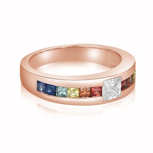 Rainbow Sapphire Wedding Band Half eternity with Princess Cut Moissanite / CZ or Diamond Ring, Mens Promise ring, 14K Rose gold jewelry