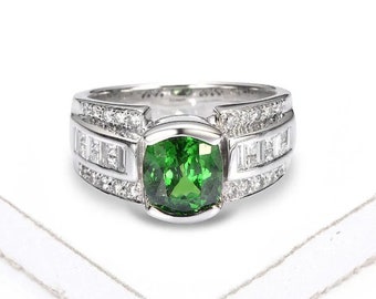 Maryville Tsavorite Green Garnet & Diamond Ring in 14K White Gold – Ethical Luxury Engagement or Statement Ring, SKU: R2100-14K