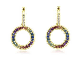 Massachusetts Pride Huggie Earrings, 14K Gold Rainbow Sapphire & Diamond, LGBTQ+ Jewelry, Statement Pride Gift | SKU E1090-RD