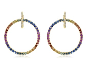 RHODE ISLAND Gay Providence 14K Gold Diamond Earrings w/ Unicorn Color Sapphire 8 Carats Handmade Jewelry Gift for Pride People E3045