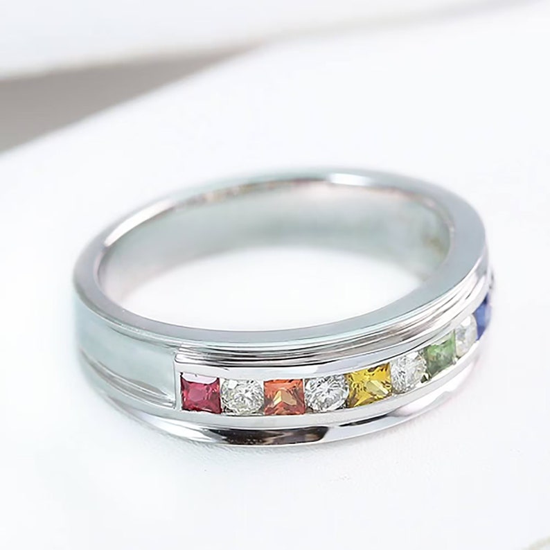 Delicate Pride Rainbow Sapphire Channel Set Ring | Silver LGBT ...