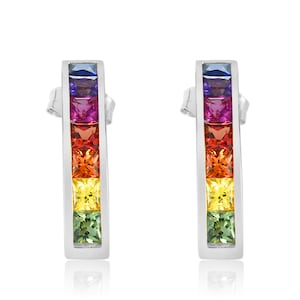 Rainbow Sapphire Stud Earrings Sterling Silver Non Binary LGBT Jewelry Natural Gemstone Channel Set Earrings SKU E889-925