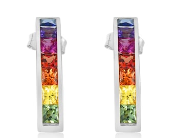 Rainbow Earring Studs, Non Binary Earrings, Sapphire Earrings, One Love, LGBT Jewelry, Natural Gemstones Studs E889-925