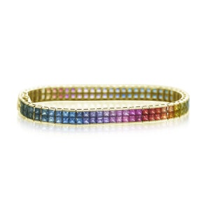 LGBT Pride Pansexual Statement Bracelet, 20 Carats Rainbow Sapphire & 14K Gold in 2 Row Tennis Bracelet, Unique Pride jewelry BRC410-14K