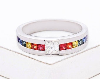 thumbnail image 2 of Treasure Hub 9K Gold Rainbow Sapphire Band Ring – Natural Princess-cut – Australian Made 2 of 4