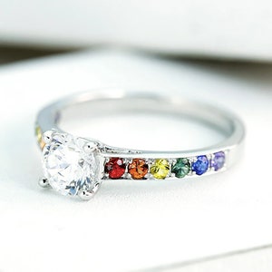 Las Vegas Wedding Cubic Zirconia or Moissanite Nonconforming Engagement Ring in 925 Sterling Silver, Rainbow Sapphire Gay Wedding rings image 3