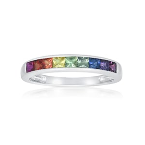 COLONGE Unicorn Non Binary Silver Ring 1ct Princess Rainbow Sapphire Band 2.5mm | Classy LGBTQ Pride Jewelry | SKU R892-PR925