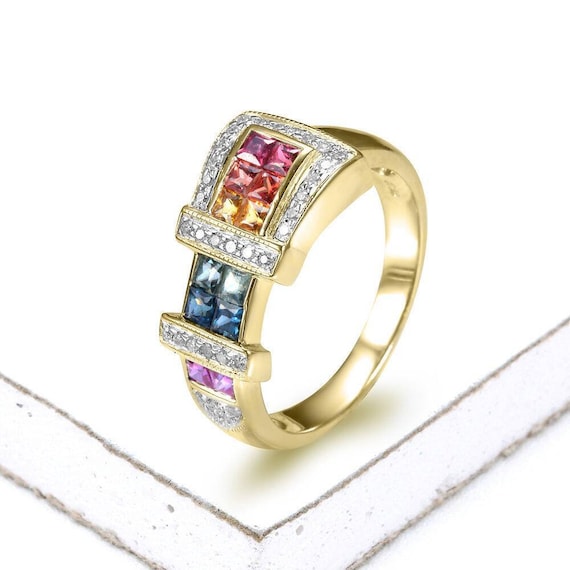 Modern Statement Ring, Bold Rainbow Sapphire Ring for Men, Unique Mens  Wedding ring, 14k Solid Gold Ring