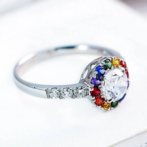 LGBTQ Engagement Ring Rainbow Halo Design , MARDI GRAS Moissanite Stone Pride jewelry, Solid Silver Ring