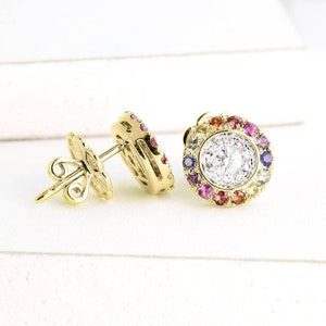 LGBT Pride earrings, Sapphire and Diamond earrings, Sapphire Rainbow Halo Small Stud earrings 14K Gold