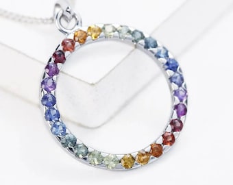 LGBT Pride Rainbow Sapphire Circle Pendant , Sterling Silver Karma necklace, Unique Natural Rainbow Gemstone pendant Gift idea P335-925
