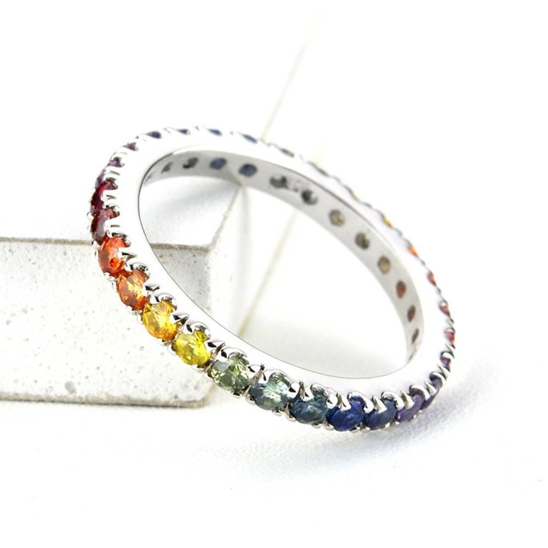 LGBT Jewelry Silver Eternity Band With Natural Rainbow Sapphires Simple ...