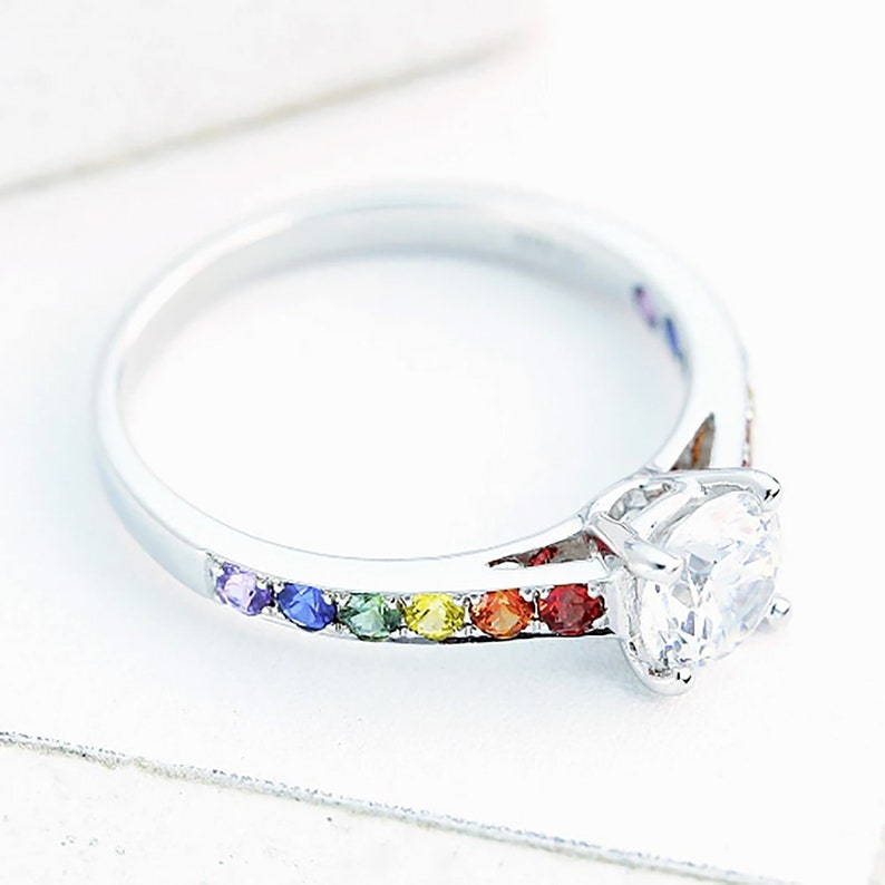 Las Vegas Wedding Cubic Zirconia or Moissanite Nonconforming Engagement Ring in 925 Sterling Silver, Rainbow Sapphire Gay Wedding rings image 6