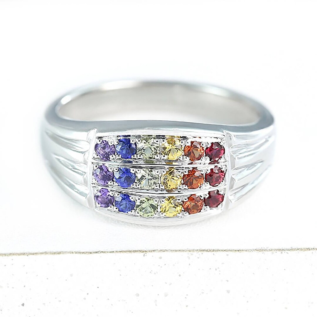 LGBT Powerful Rainbow Ring Silver Half Eternity Three Row Pride Band ...