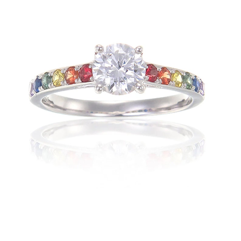 Las Vegas Wedding Cubic Zirconia or Moissanite Nonconforming Engagement Ring in 925 Sterling Silver, Rainbow Sapphire Gay Wedding rings image 2