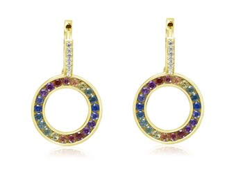 Massachusetts Pride Huggie Earrings, 14K Gold Rainbow Sapphire & Diamond, LGBTQ+ Celebration Jewelry, Unique Gift Idea | SKU E1090-RD