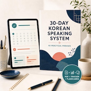 30-dagars koreanska muntlig arbetsbok för nybörjare, 90 vardagliga fraser, Hangul PDF, bildkort och studieplanering