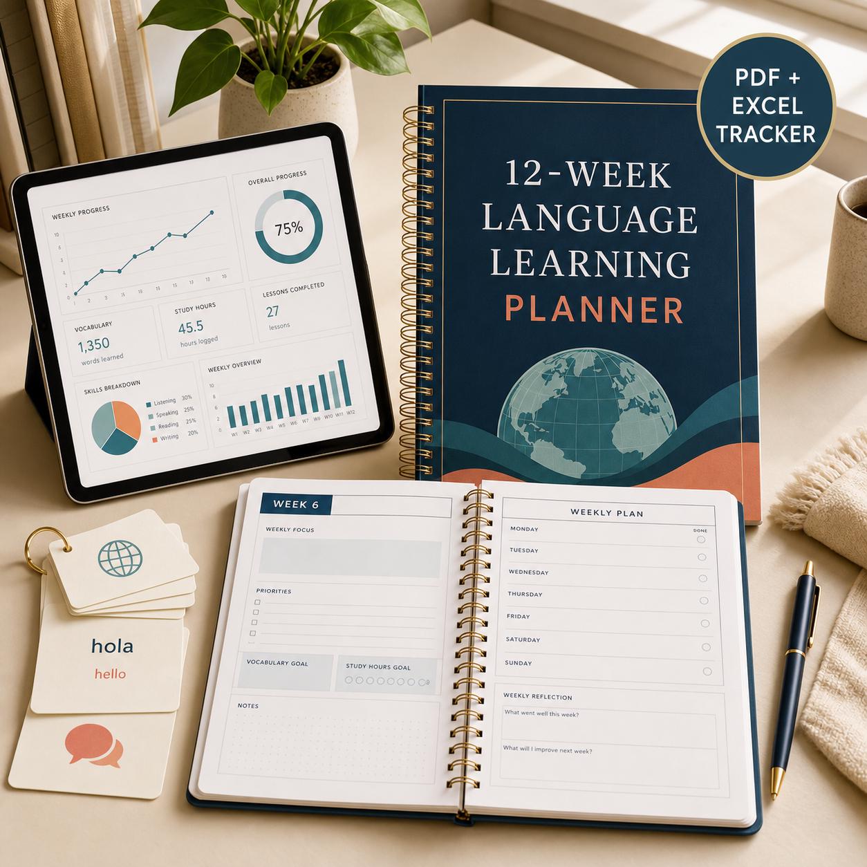 12-Week Language Learning Planner, Study Tracker, Vocabulary Log (PDF + Excel)
