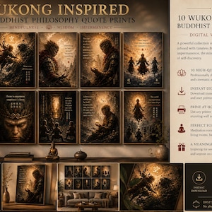 May include: A set of ten digital wall art prints featuring Wukong-inspired imagery and Buddhist philosophy quotes. The artwork displays dark, golden-toned scenes of figures in meditative or action poses, with text overlays in English and Chinese characters.