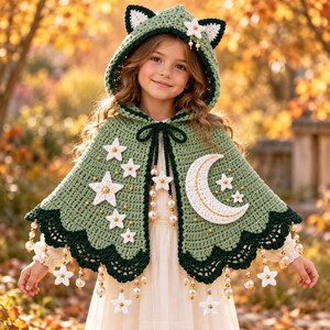 Celestial Crochet Cape Pattern for Kids, Cat Ears, Moon & Stars (PDF)